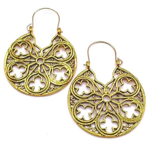 Yellow Gold Boho Mandala Style Round Detailed Dangling Drop Hinged Hook Earrings - Picture 1 of 6